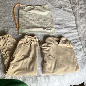 Pangaia beige, sweatpants, sweatshirts, and bag 100% cotton size s/m